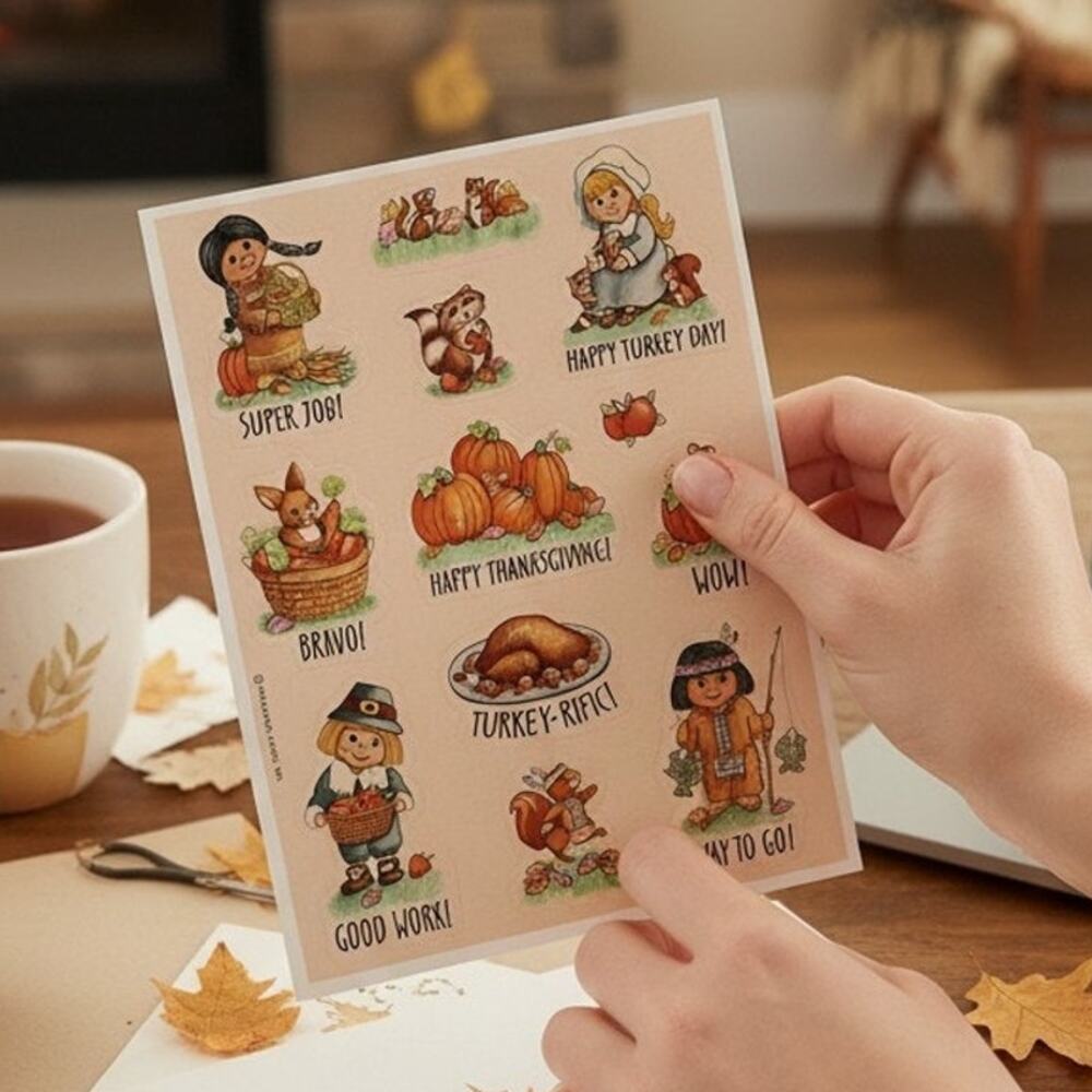 Vintage Hallmark Reward Stickers Thanksgiving Fall Pilgrim Indian 1 Sheet